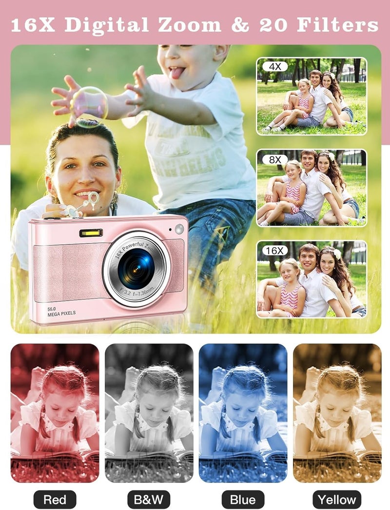 Fleafer Upgrade Kids Digital Camera - 56MP FHD 1080P with 16x Zoom, Anti-Shake, 32GB TF Card, Two Batteries, Lanyard - Compact Small Camera for Kids (Pink) - Image 3